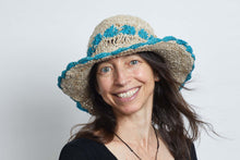 Load image into Gallery viewer, Crochet Smiley Morning Turquoise Flowers  Hemp &amp; Cotton Hat