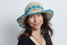 Load image into Gallery viewer, Crochet Smiley Morning Turquoise Flowers  Hemp &amp; Cotton Hat