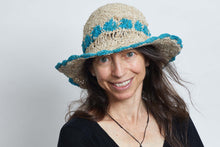 Load image into Gallery viewer, Crochet Smiley Morning Turquoise Flowers  Hemp &amp; Cotton Hat