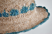 Load image into Gallery viewer, Crochet Smiley Morning Turquoise Flowers  Hemp &amp; Cotton Hat - Sababa Hemp