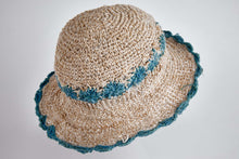 Load image into Gallery viewer, Crochet Smiley Morning Turquoise Flowers  Hemp &amp; Cotton Hat - Sababa Hemp
