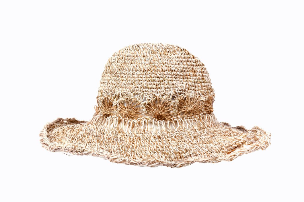 Crochet Hat Hemp & Cotton Smiley Morning Natural Flowers - Sababa Hemp